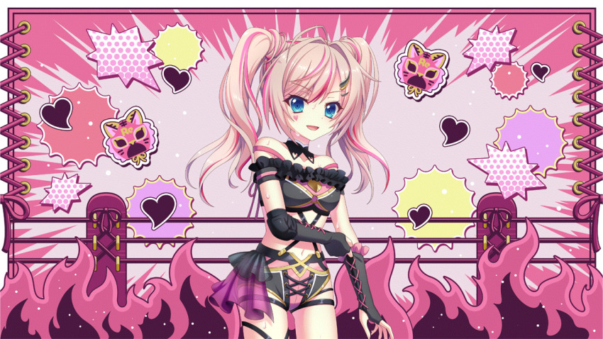 1girl adjusting_sleeves ahoge alternate_hairstyle bare_shoulders black_garter_straps black_shorts black_sleeves blue_eyes breasts cowboy_shot crop_top cross-laced_clothes detached_sleeves dot_nose film_grain fire game_cg garter_straps hair_ornament hairclip halftone heart himura_nagisa izumi_tsubasu long_hair looking_at_viewer multicolored_hair navel non-web_source off_shoulder official_art open_mouth pink_background pink_hair pink_shorts pink_theme re:stage! shorts small_breasts smile solo streaked_hair sweat swept_bangs twintails two-tone_hair two-tone_shorts wrestling_mask wrestling_outfit wrestling_ring