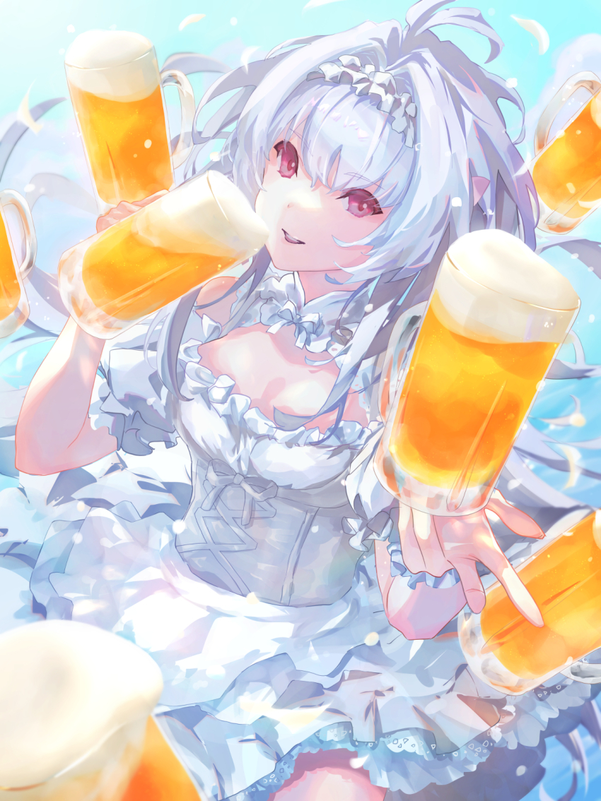 1girl ahoge alcohol aopix_001 bare_shoulders beer beer_mug breasts cleavage_cutout clothing_cutout corset cup dirndl dress fate/grand_order fate_(series) frilled_hairband frills german_clothes hairband highres lady_avalon_(event_portrait)_(fate) lady_avalon_(fate) long_hair looking_at_viewer medium_breasts merlin_(fate/prototype) mug open_mouth pointy_ears red_eyes scrunchie smile solo thighhighs thighs very_long_hair white_dress white_hair white_thighhighs wrist_scrunchie