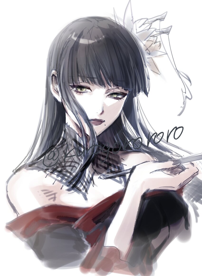 1girl artist_name black_collar black_hair black_kimono collar final_fantasy final_fantasy_xiv flower green_eyes hair_flower hair_ornament hand_up highres holding holding_smoking_pipe hyur japanese_clothes kimono kiseru kurogorororo long_hair mole mole_under_mouth off_shoulder red_trim simple_background sketch smoking_pipe solo twitter_username upper_body white_background yotsuyu_goe_brutus