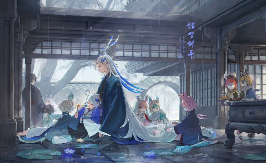 2boys 6+girls ^_^ absurdly_long_hair aeval_(genshin_impact) ahoge aji_11300913 aqua_bow aqua_bowtie architecture asymmetrical_hair basket black_hair black_headwear black_kimono blathine_(genshin_impact) blue_coat blue_hair blunt_bangs bow bowtie brown_hair brushing_another&#039;s_hair brushing_hair closed_eyes closed_mouth coat comb commentary_request crossed_bangs cup dragon_boy dragon_horns dragon_tail east_asian_architecture elphane_(genshin_impact) flower food frilled_kimono frills fruit furina_(genshin_impact) genshin_impact green_eyes hair_between_eyes hair_flower hair_ornament hand_up haori hat highres holding holding_basket holding_comb holding_pinwheel holding_tray horns japanese_clothes kanzashi kimono lattice liath_(genshin_impact) light_brown_hair lily_pad long_hair long_sleeves looking_down low_twintails medium_hair melusine_(genshin_impact) multicolored_hair multiple_boys multiple_girls neuvillette_(genshin_impact) orange_(fruit) parted_bangs pink_eyes pinwheel pom_pom_(clothes) pom_pom_hair_ornament purple_eyes purple_scarf rain red_hair rhemia_(genshin_impact) scarf sedene_(genshin_impact) short_hair short_twintails sigewinne_(genshin_impact) sitting sleeves_past_wrists smile streaked_hair swept_bangs table tail translation_request tray tree twintails very_long_hair wariza water water_lily_flower white_hair white_kimono wide_sleeves wings wriothesley_(genshin_impact) yellow_flower yunomi