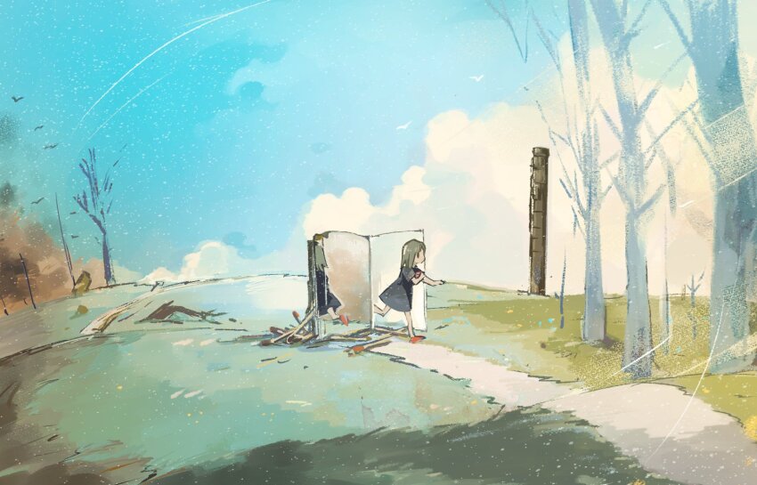 1girl bare_tree blue_sky cloud day doorway dress hill landscape matches original path road scenery sky smoke solid_oval_eyes solo tree tsushima_sora wide_shot