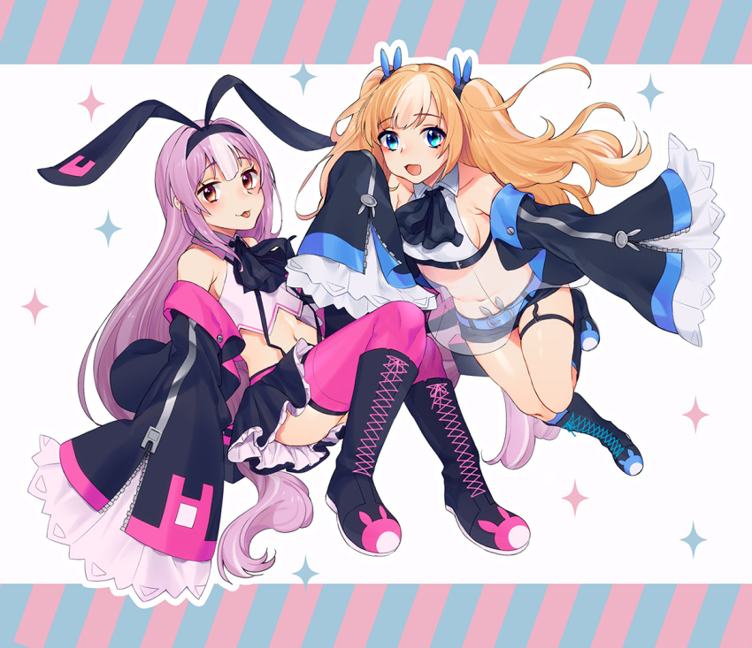 2girls :p animal_ears azur_lane bare_shoulders black_footwear black_hairband blonde_hair blue_eyes breasts fake_animal_ears full_body hairband hobby_(azur_lane) jacket kalk_(azur_lane) long_hair long_sleeves looking_at_viewer maitei_roppa medium_breasts midriff multicolored_hair multiple_girls navel off_shoulder open_clothes open_jacket open_mouth pink_hair pink_thighhighs rabbit_ears red_eyes shirt sideboob sleeveless sleeveless_shirt sleeves_past_fingers sleeves_past_wrists small_breasts smile sparkle streaked_hair thigh_strap thighhighs tongue tongue_out very_long_hair white_hair wide_sleeves