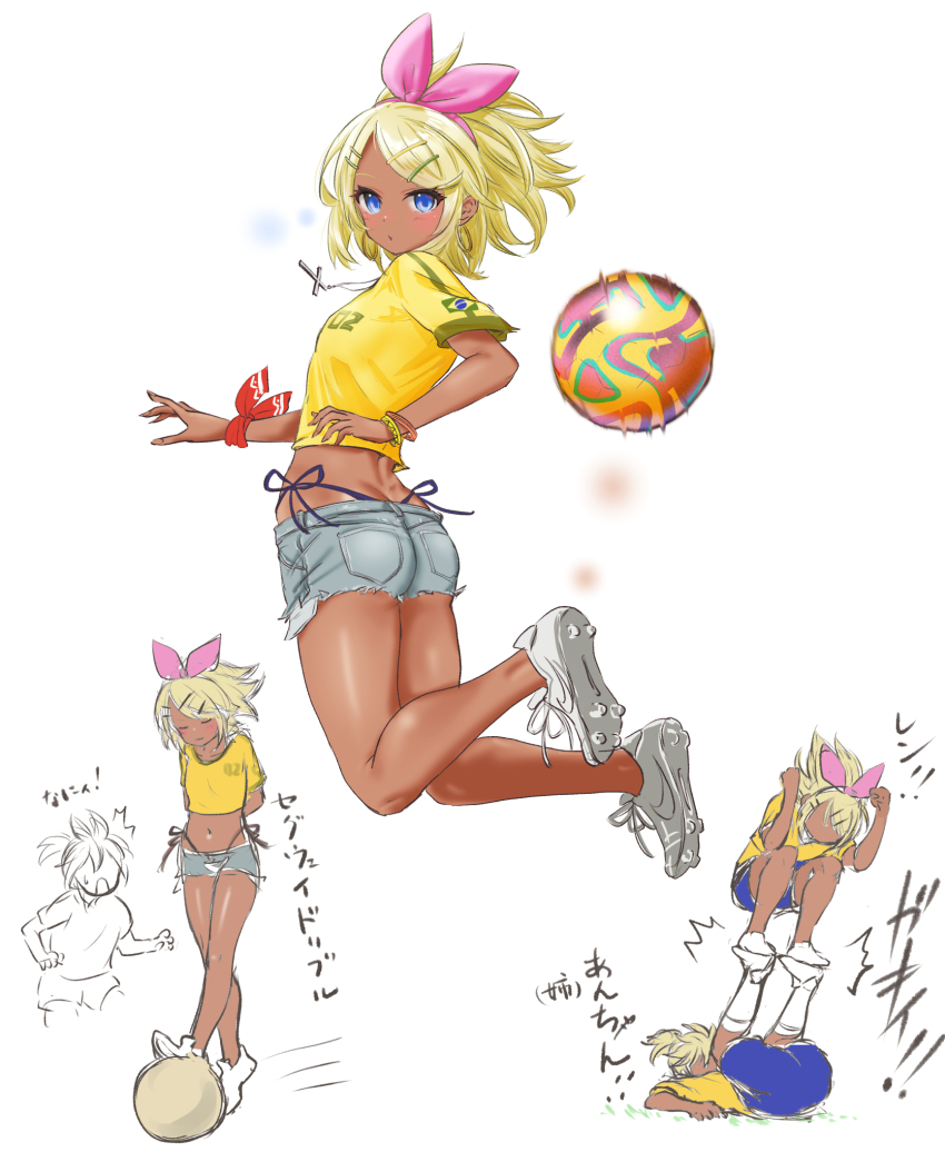 1boy 1girl :3 ass ball bikini bikini_under_clothes blonde_hair blue_eyes blue_shorts bow brazilian_flag brazilian_flag_print brazilian_miku brazilian_miku_(cosplay) breasts butt_crack captain_tsubasa cleats closed_eyes cosplay crop_top cross cross_necklace dark-skinned_female dark_skin denim denim_shorts flag_print hair_bow hair_ornament hairclip hatsune_miku highleg highleg_bikini highres jewelry kagamine_len kagamine_rin narrow_waist necklace parody pink_bow purple_bikini scene_reference shirt shoes shorts side-tie_bikini_bottom sketch small_breasts smile sneakers soccer soccer_ball soccer_uniform sportswear surprised swimsuit tan torn_clothes torn_shorts vocaloid wristband yellow_shirt yukihane_(snowowl515)