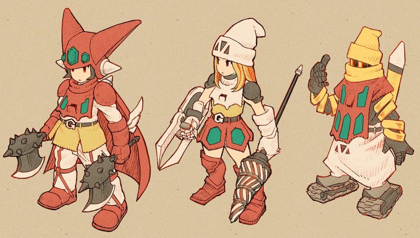 1boy 2girls axe beanie belt black_belt black_hair black_mage_(final_fantasy) blonde_hair caterpillar_tracks drill dual_wielding final_fantasy fusion getter-1 getter-2 getter-3 getter_robo getter_robo_(classic) gloves hat helmet holding holding_axe holding_lance holding_polearm holding_shield holding_weapon lance mecha_musume multiple_girls open_hand pants parody personification polearm red_eyes red_gloves red_skirt scarf shield skirt spikes style_parody weapon white_gloves white_pants wu_niang yellow_eyes yellow_headwear yellow_scarf yellow_skirt yoshida_akihiko_(style)