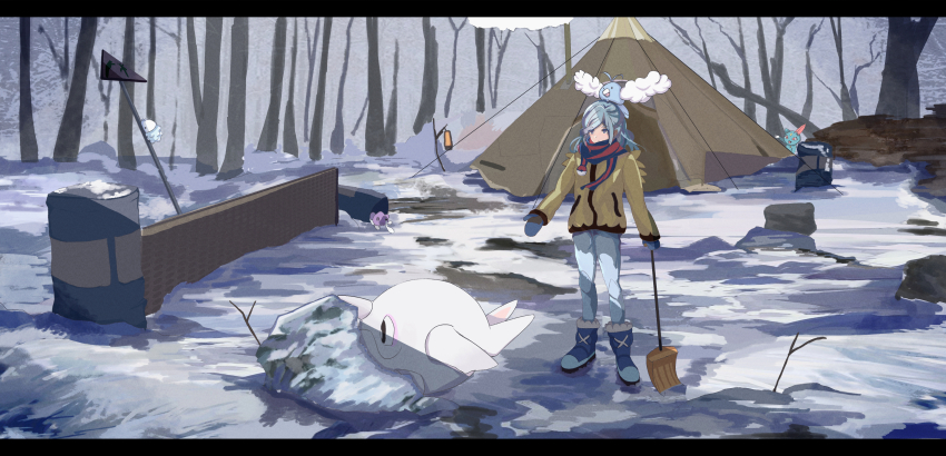 1boy absurdres bare_tree blue_footwear boots cetoddle commentary_request cubchoo gen_2_pokemon gen_3_pokemon gen_5_pokemon gen_8_pokemon grusha_(pokemon) highres holding jacket kara_(danleung828) long_sleeves male_focus mittens nintendo on_head outdoors pants poke_ball_print pokemon pokemon_(creature) pokemon_on_head pokemon_sv scarf sneasel snom snow standing striped_clothes striped_scarf swablu tent tree yellow_jacket