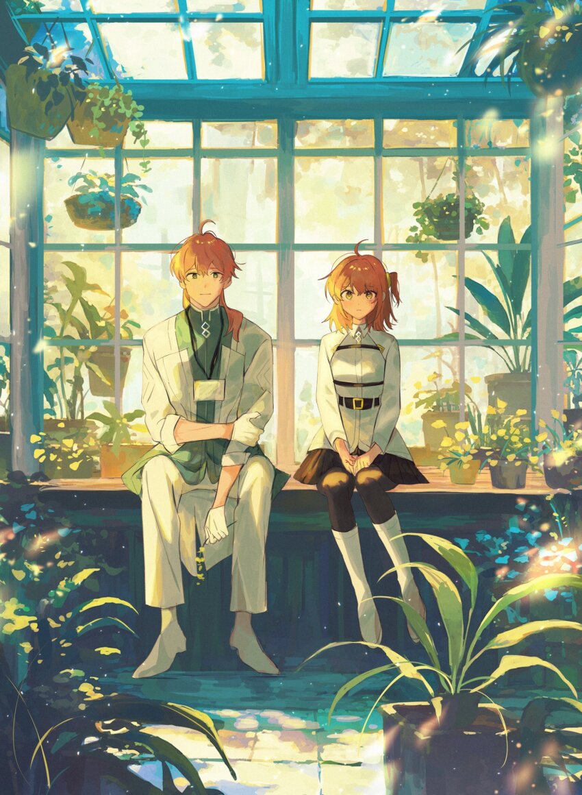 1boy 1girl ahoge belt belt_buckle black_belt black_pantyhose black_skirt boots buckle chaldea_logo chaldea_uniform closed_mouth coat collared_jacket command_spell commentary fate/grand_order fate_(series) fujimaru_ritsuka_(female) full_body gloves green_coat green_eyes greenhouse hair_between_eyes hand_on_own_arm hands_on_lap hanging_plant highres holding holding_plant indoors jacket knee_boots lab_coat lanyard light_particles light_smile long_hair long_sleeves looking_at_viewer medium_hair multicolored_coat one_side_up orange_hair own_hands_together pants pantyhose plant ponytail potted_plant romani_archaman side-by-side sitting sitting_on_table skirt sleeves_rolled_up table two-tone_coat wani_(mezo) white_boots white_coat white_gloves white_jacket white_pants window yellow_eyes