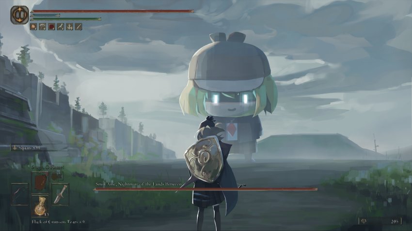 absurdres blonde_hair bow_(weapon) brown_headwear cape cliff cloud cloudy_sky commentary deerstalker elden_ring english_commentary fake_screenshot giant glowing glowing_eyes hat heads-up_display health_bar highres holding holding_bow_(weapon) holding_weapon hololive hololive_english mazumaro mountainous_horizon necktie outdoors painterly parody pleated_skirt red_necktie shield skirt sky smile smol_ame sword tree user_interface virtual_youtuber watson_amelia weapon