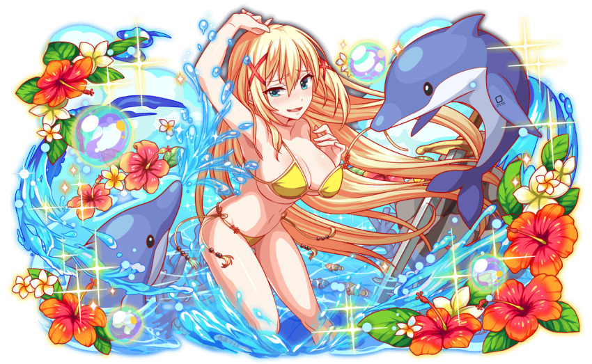 1girl 5others anime_coloring aqua_eyes arm_up artist_request bare_arms bare_legs bare_shoulders beach beads bikini black_eyes blonde_hair blue_sky blush breasts bubble cloud clownfish collarbone coral crash_fever darkness_(konosuba) dolphin dot_nose eyelashes fish flower game_cg hair_between_eyes hair_ornament hibiscus huge_breasts kono_subarashii_sekai_ni_shukufuku_wo! leaf long_hair mouth_hold multiple_others narrow_waist navel number_tattoo numbered ocean official_art open_mouth outline partially_submerged plumeria red_flower red_outline rock side-tie_bikini_bottom sideboob skinny sky solid_oval_eyes solo_focus spaghetti_strap sparkle spitting square square_tattoo straight_hair swimsuit sword tachi-e tassel tattoo third-party_source tongue too_many_flowers transparent_background underboob very_long_hair water_drop weapon white_flower wispy_bangs x_hair_ornament yellow_bikini
