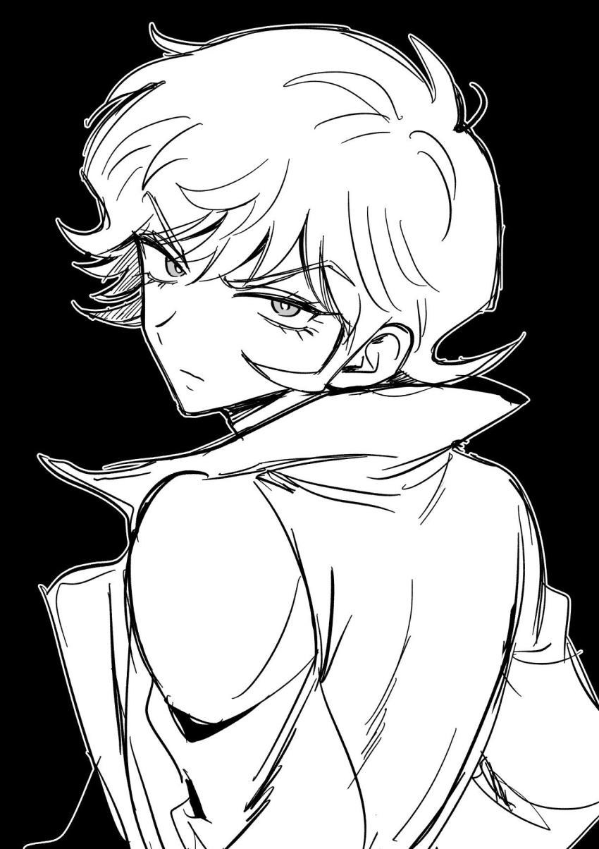 1boy akiyama_enma asuka_ryou black_background closed_mouth collared_jacket commentary devilman greyscale high_collar highres jacket long_sleeves looking_at_viewer looking_back male_focus monochrome short_hair simple_background solo v-shaped_eyebrows