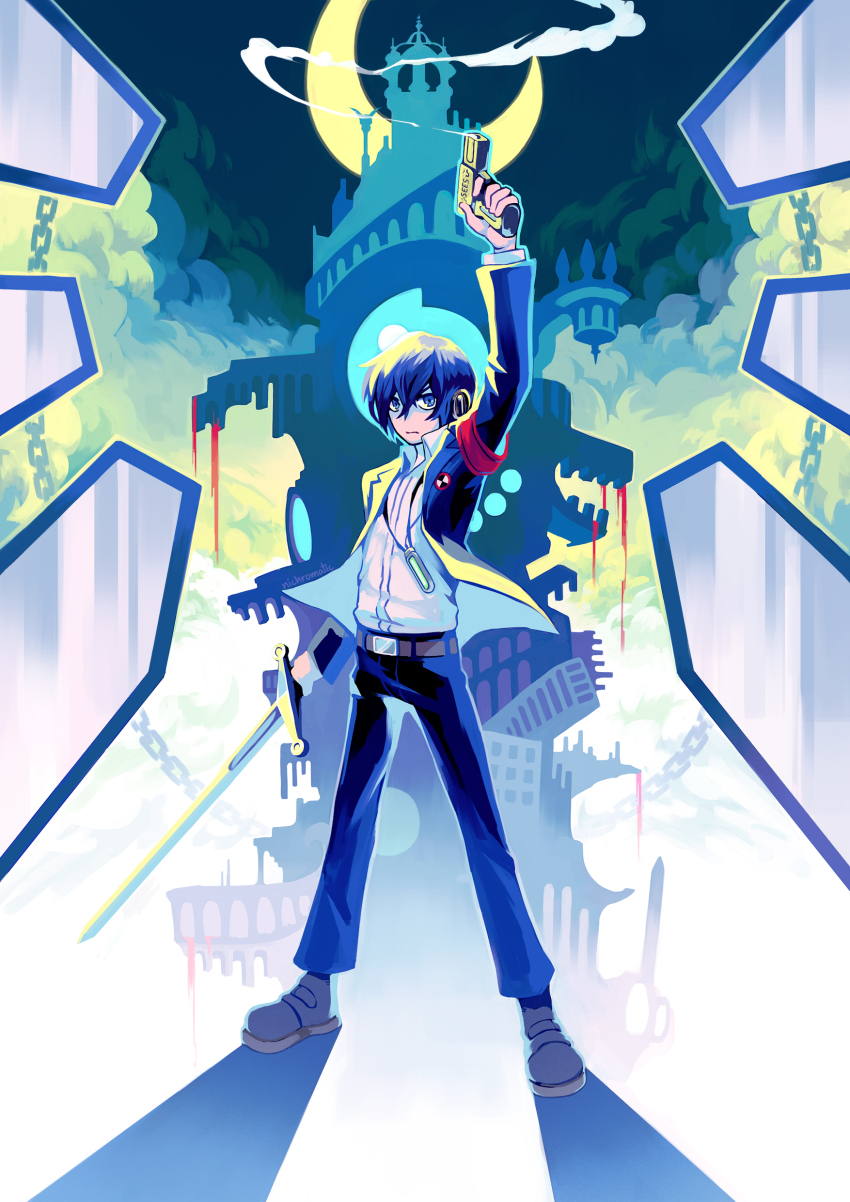 1boy absurdres belt black_pants black_suit blue_hair building closed_mouth coffin commentary crescent_moon english_commentary formal_clothes full_body gun headphones highres holding holding_gun holding_sword holding_weapon mixed-language_commentary moon nichromatic night night_sky pants persona persona_3 persona_3_reload shirt short_hair sky solo standing suit sword tartarus weapon white_shirt yuuki_makoto_(persona_3)