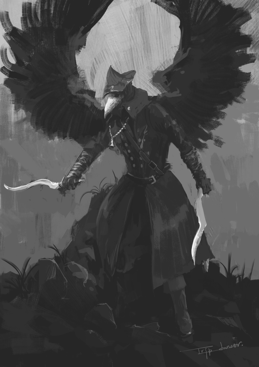 1girl artist_name belt blade_of_mercy bloodborne cloak coat eileen_the_crow feather-trimmed_coat gloves greyscale hat highres holding holding_weapon jacket jewelry long_coat mask monochrome necklace outdoors plague_doctor_mask solo standing sword tripdancer weapon wings