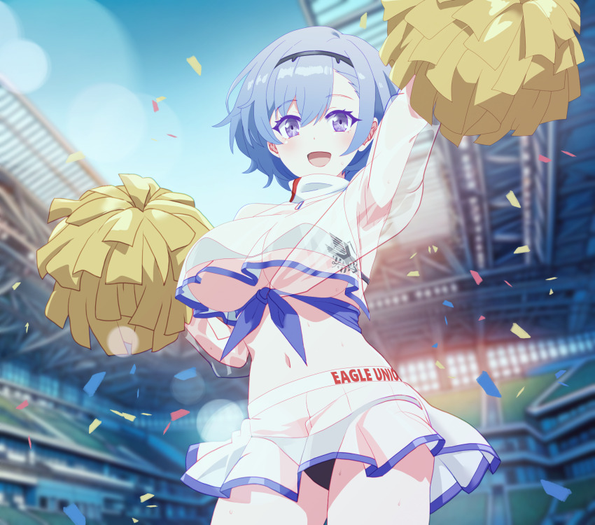 1girl arbiter1 armpits azur_lane black_bra black_panties bra breasts cheerleader cowboy_shot crop_top crop_top_overhang eagle_union_(emblem) highres holding holding_pom_poms large_breasts long_sleeves looking_at_viewer microskirt midriff navel official_alternate_costume open_mouth panties pom_pom_(cheerleading) pom_poms purple_eyes purple_sash reno_(azur_lane) reno_(biggest_little_cheerleader)_(azur_lane) sash see-through_clothes see-through_shirt see-through_skirt skirt solo underboob underwear