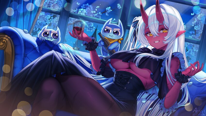 1girl absurdres akumi_(yoclesh) black_ribbon black_skirt bottle breasts by_mirin colored_skin commission couch crossed_legs cup drinking_glass eyelashes facial_scar full_moon hair_between_eyes hair_ribbon high-waist_skirt highres holding holding_bottle holding_cup horns indie_virtual_youtuber long_hair moon on_couch oni pantyhose pointy_ears red_skin ribbon scar scar_on_arm scar_on_cheek scar_on_face scar_on_leg scar_on_stomach side_ponytail skirt smile twitter_username underboob white_hair wine_glass yellow_eyes