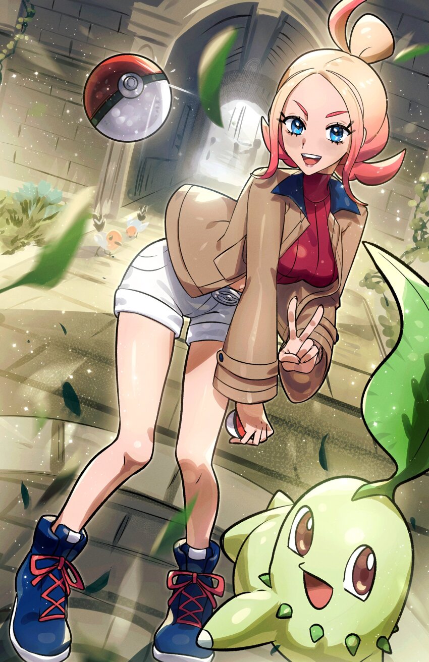 1girl absurdres blonde_hair blue_eyes breasts brown_jacket chikorita crop_top full_body game_freak gen_2_pokemon gradient_hair highres jacket long_sleeves medium_breasts mismatched_eyebrows multicolored_hair nintendo open_mouth pink_eyebrows poke_ball poke_ball_(basic) pokemon pokemon_(creature) pokemon_legends:_z-a ryairyai shirt shorts smile taunie_(pokemon) throwing throwing_poke_ball turtleneck white_shorts