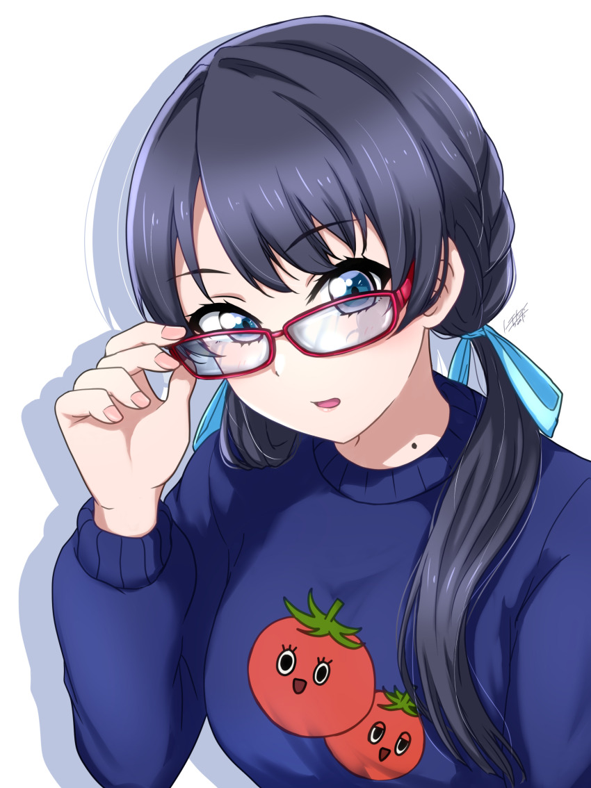 1girl blue_eyes glasses highres link!_like!_love_live! long_sleeves looking_at_viewer love_live! murano_sayaka murano_sayaka_(summer_loungewear) noochan_chonoda open_mouth short_hair solo