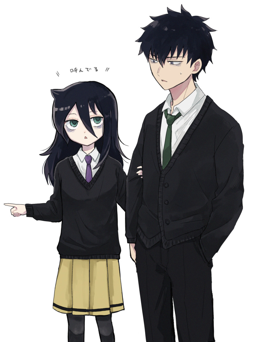 1boy 1girl arm_at_side bags_under_eyes black_cardigan black_hair black_pants black_pantyhose black_sweater brother_and_sister buttons cardigan chestnut_mouth collared_shirt commentary_request grabbing_another&#039;s_arm green_eyes green_necktie grey_eyes hair_between_eyes hand_in_pocket height_difference highres kuroki_tomoki kuroki_tomoko long_hair long_sleeves looking_at_another necktie nuka_(nukamochi) pants pantyhose parted_lips pleated_skirt pointing pointing_to_the_side purple_necktie school_uniform shirt short_hair siblings simple_background skirt spiked_hair standing sweatdrop sweater translation_request watashi_ga_motenai_no_wa_dou_kangaetemo_omaera_ga_warui! white_background white_shirt yellow_skirt