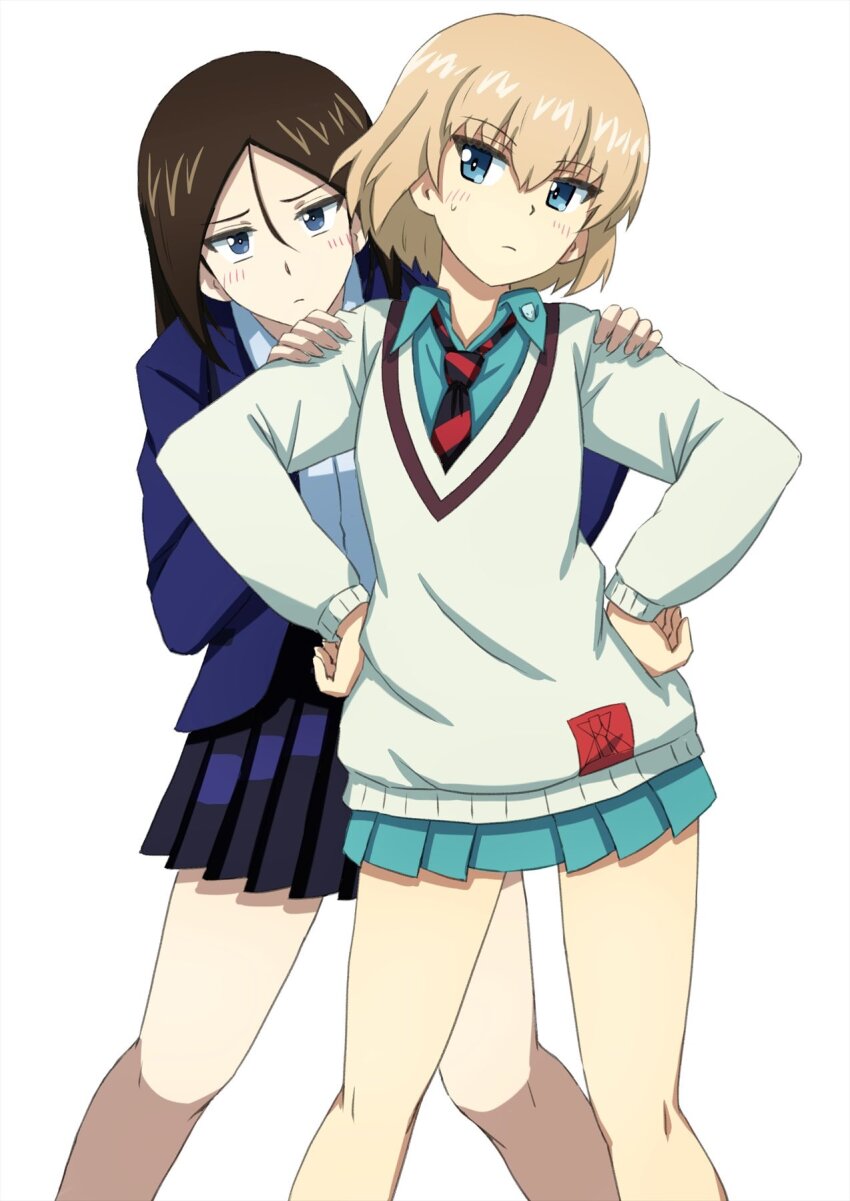 2girls alternate_costume amate_yuzuriha amate_yuzuriha_(cosplay) blazer blonde_hair blue_eyes blue_jacket blue_skirt blush brown_hair collared_shirt cosplay girls_und_panzer green_shirt green_skirt gundam gundam_gquuuuuux hands_on_another&#039;s_shoulders hands_on_own_hips highres jacket katyusha_(girls_und_panzer) long_hair miniskirt multiple_girls nonna_(girls_und_panzer) nyaan_(gundam_gquuuuuux) nyaan_(gundam_gquuuuuux)_(cosplay) omachi_(slabco) pleated_skirt shirt short_hair skirt sweater white_shirt white_sweater