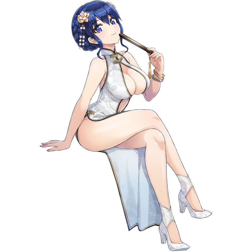1girl blue_eyes braid breasts china_dress chinese_clothes cleavage cleavage_cutout closed_mouth clothing_cutout dolphin_wave dress drill_hair drill_sidelocks folding_fan game_cg hair_ornament half_up_braid hand_fan head_tilt high_heels highres holding holding_fan large_breasts looking_at_viewer non-web_source off_shoulder official_alternate_costume official_art ootomo_takuji paper_fan short_hair side_slit sidelocks sitting smile tojou_michiru transparent_background white_dress
