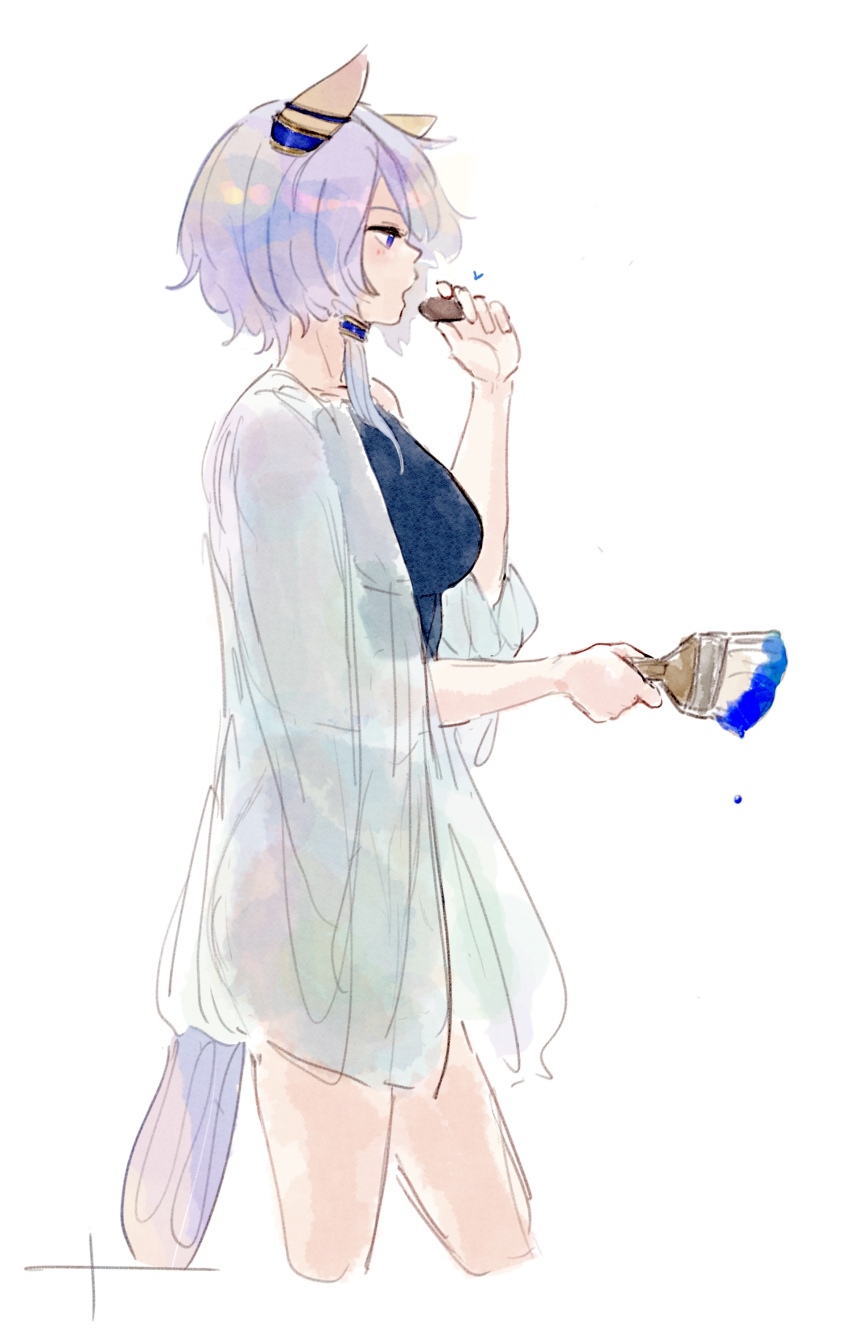 1girl absurdres animal_ears breasts commentary_request cropped_legs eating highres holding holding_paintbrush horse_ears horse_girl horse_tail k.s.miracle_(umamusume) large_breasts muranchu paintbrush purple_eyes purple_hair short_hair simple_background solo tail traditional_media umamusume white_background