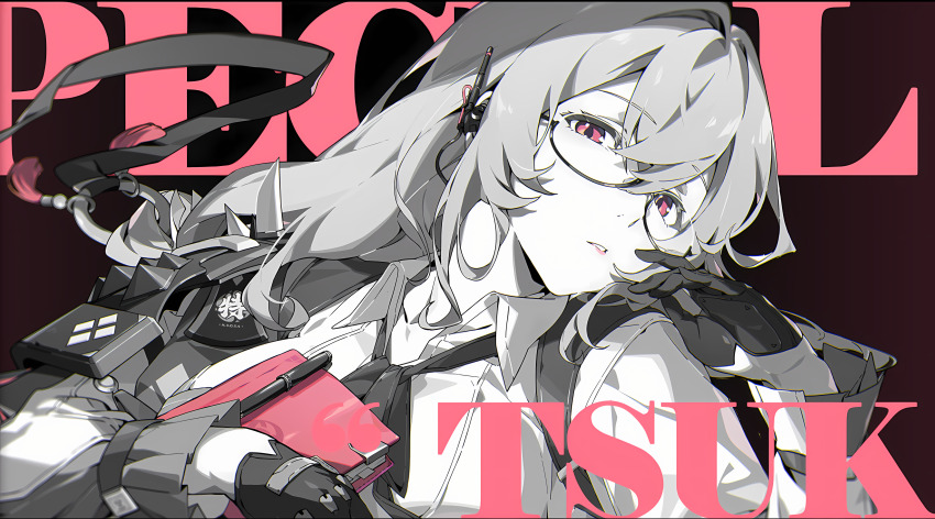 1girl absurdres armor ascot black_ascot black_gloves breasts character_name clipboard collared_shirt earpiece glasses gloves grey_hair hair_between_eyes highres holding holding_clipboard holding_pen large_breasts long_hair long_sleeves looking_at_viewer mindscape_cinema_(zenless_zone_zero) necktie official_art parted_lips pauldrons pen pink_eyes red_eyes semi-rimless_eyewear shirt shoulder_armor solo spot_color tsukishiro_yanagi upper_body zenless_zone_zero