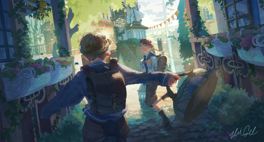 2boys artist_name backpack bag brown_footwear building child flower_box from_behind handbag highres long_sleeves male_focus multiple_boys original outdoors outstretched_arms randoseru running scenery shigre short_hair shorts sign slice_of_life smile stairs string_of_flags tree