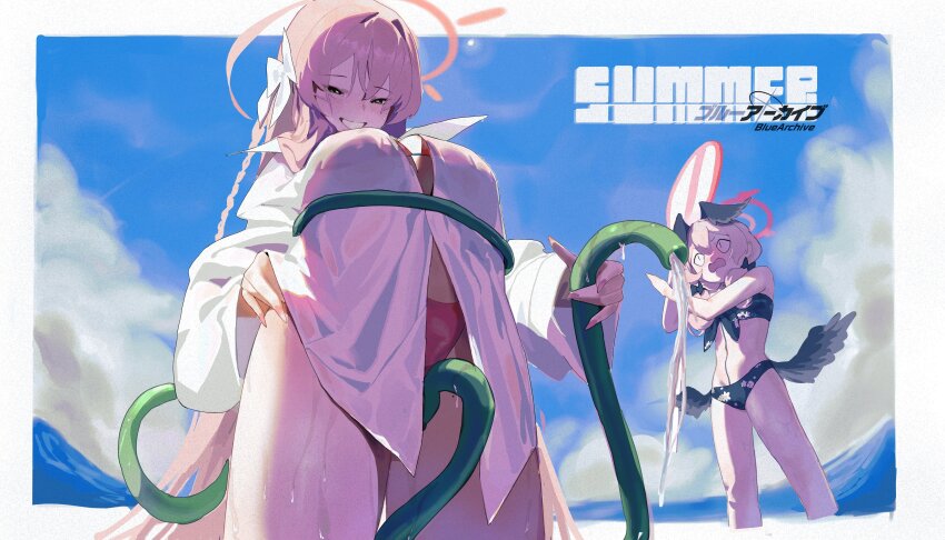 &lt;|&gt;_&lt;|&gt; 2girls absurdres bikini black_bikini black_wings blue_archive blue_sky bow breasts cloud day floral_print green_eyes grin hair_between_eyes hair_bow halo hanako_(blue_archive) hanako_(swimsuit)_(blue_archive) highres holding holding_hose holding_sign hose koharu_(blue_archive) koharu_(swimsuit)_(blue_archive) large_breasts logo long_hair mini_wings multiple_girls nail_polish niunaigaoban open_mouth outdoors pink_hair pink_nails red_bikini see-through_clothes shirt sign sky smile swimsuit very_long_hair water wet wet_clothes white_bow white_shirt wings