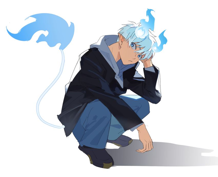 1boy ao_no_exorcist black_coat blue_eyes blue_fire blue_pants closed_mouth coat demon_boy elbow_on_knee eriseros fiery_horns fire flame-tipped_tail from_side grey_hoodie hashtag-only_commentary highres hood hoodie horns looking_at_viewer male_focus okumura_rin pants pointy_ears shadow short_hair simple_background squatting tail white_background white_hair