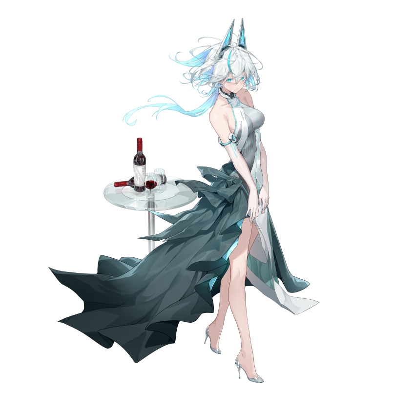 1girl absurdres alcohol armpit_crease asus bare_shoulders blue_eyes blue_hair bottle breasts closed_mouth collarbone colored_eyelashes commentary cup dress drinking_glass full_body grey_footwear halter_dress halterneck high-low_dress high-low_skirt high_heels highres interface_headset_(evangelion) large_breasts light_blue_hair long_hair looking_at_viewer multicolored_hair official_alternate_costume official_art pumps red_wine ro_ji_(asus) round_table shanyao_jiang_tororo simple_background solo standing streaked_hair table two-tone_hair virtual_youtuber white_background white_eyelashes white_hair wine wine_bottle wine_glass