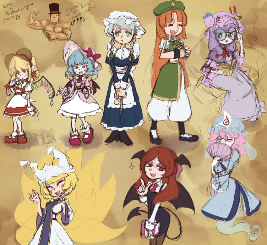 1boy 6+girls bat_wings black_hat blonde_hair blue_eyes blue_hair blue_hat blue_kimono book carumikoto china_dress chinese_clothes commentary crossover crystal_wings demon_tail dress english_text flandre_scarlet ghost_tail glasses green_dress green_hat grey_hair hat hat_ornament head_wings hershel_layton highres holding holding_book hong_meiling index_finger_raised izayoi_sakuya japanese_clothes kimono koakuma korean_commentary maid maid_headdress multiple_girls multiple_wings muscular muscular_male necktie orange_hair pants patchouli_knowledge pink_eyes pink_hair professor_layton purple_dress purple_hair red_eyes red_hair red_necktie remilia_scarlet saigyouji_yuyuko star_(symbol) star_hat_ornament symbol-only_commentary tabard tail top_hat touhou triangular_headpiece white_dress white_hat white_pants wings yakumo_ran