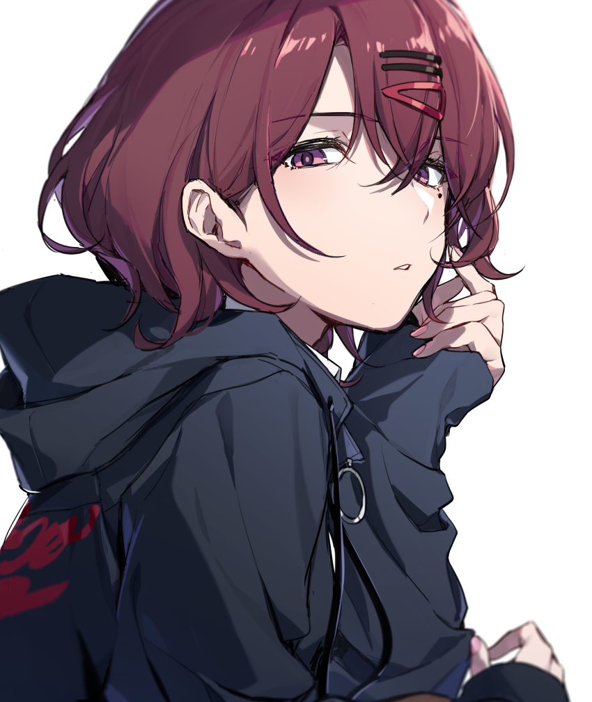 1girl absurdres arm_up brown_hair from_side hair_between_eyes hair_ornament hairclip highres higuchi_madoka hood hood_down idolmaster idolmaster_shiny_colors long_sleeves looking_at_viewer looking_to_the_side mole mole_under_eye oyo_hitsuji parted_lips playing_with_own_hair purple_eyes short_hair simple_background solo sweater upper_body white_background