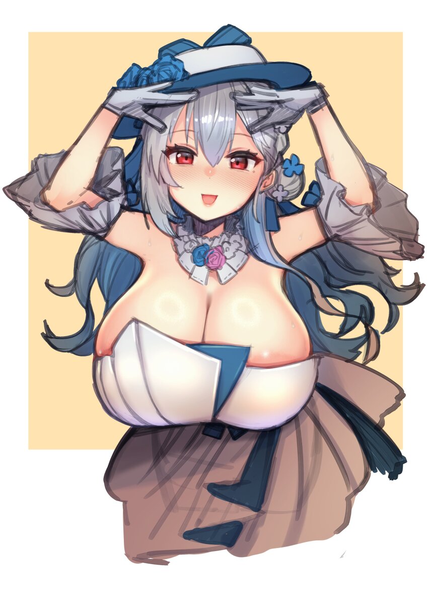 1girl absurdres areola_slip armband bell_sleeves blush boater_hat bow breasts cleavage collar cowboy_shot detached_collar detached_sleeves dress dress_bow flower flower_collar frilled_armband frilled_collar frills glove_bow gloves grey_hair hakase_fuyuki hakase_fuyuki_(9th_costume) hat hat_flower hat_tip high-low_dress highres huge_breasts kagami_uekusa large_breasts layered_skirt looking_at_viewer nijisanji nose_blush official_alternate_hairstyle open_mouth red_eyes sagging_breasts simple_background skirt strapless strapless_dress two-tone_dress virtual_youtuber white_dress white_gloves