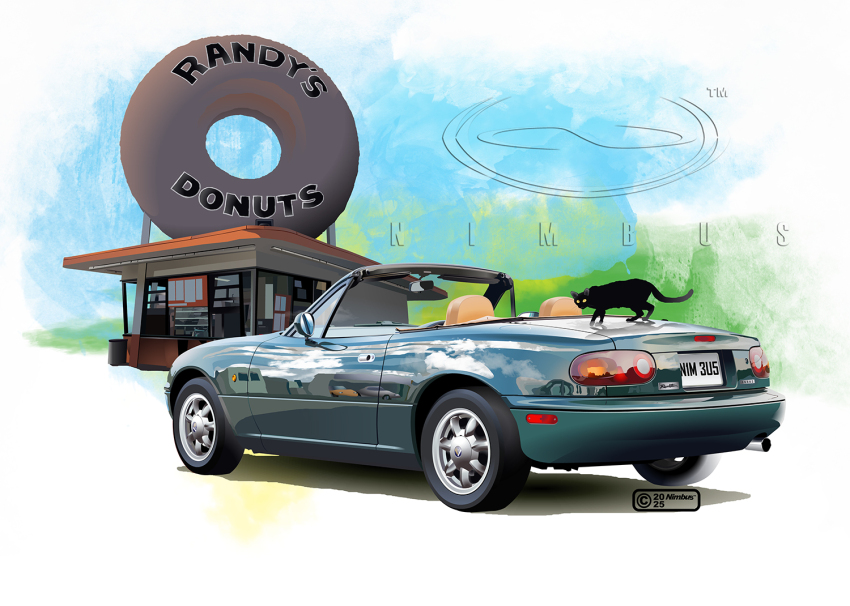 2025 animal artist_name black_cat building car cat commentary_request convertible eunos_roadster green_car license_plate mazda_mx-5 mazda_mx-5_na motor_vehicle nimbus_goldbrum no_humans original shadow vehicle_focus