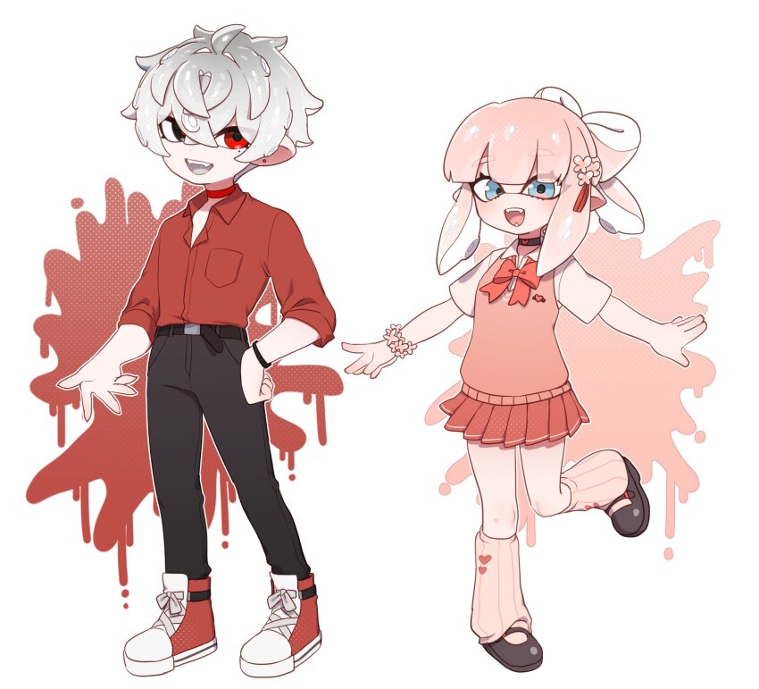 1boy 1girl alternate_species amika_(kai_(drakkai10)) black_choker black_pants black_shoes blue_eyes bow brown_sweater_vest choker collar grey_hair hasto_(kai_(drakkai10)) highres kai_(drakkai10) looking_at_viewer mary_janes nintendo octoling open_mouth original pants pink_hair pleated_skirt pointy_ears red_bow red_collar red_eyes red_shirt red_skirt shirt shoes short_hair short_sleeves skirt splatoon_(series) sweater_vest tentacle_hair white_shirt