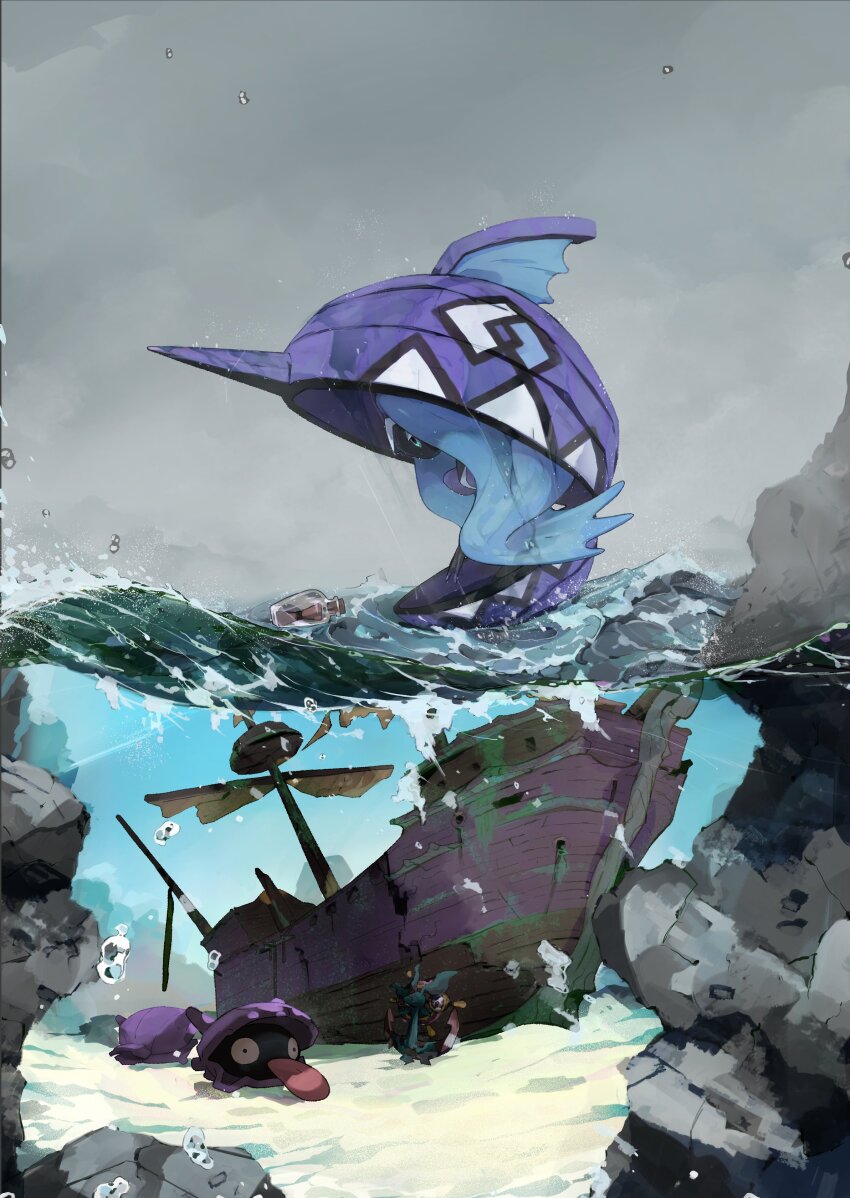 absurdres air_bubble bottle bubble dhelmise gen_1_pokemon gen_7_pokemon grey_sky hashtag-only_commentary highres legendary_pokemon looking_down mast message_in_a_bottle mimura_(nnnnnnnnmoo) nintendo no_humans outdoors partially_underwater_shot pokemon pokemon_(creature) pokemon_focus sand shellder ship sky tapu_fini water watercraft