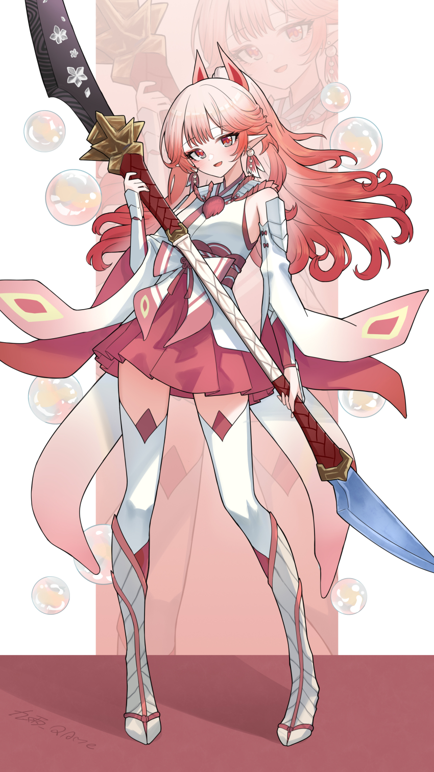1girl :d absurdres alternate_costume arknights armor artist_name bare_shoulders boots chinese_commentary commentary_request earrings full_body gradient_hair grey_boots grey_eyes haruka_(arknights) highres holding holding_weapon jewelry jiuyu_qame knee_boots long_hair looking_at_viewer miniskirt monster_hunter_(series) multicolored_eyes multicolored_hair open_mouth orange_hair pleated_skirt pointy_ears red_eyes red_hair red_skirt skirt smile soap_bubbles solo standing thighhighs two-tone_eyes vambraces weapon white_hair white_thighhighs wide_sleeves zoom_layer