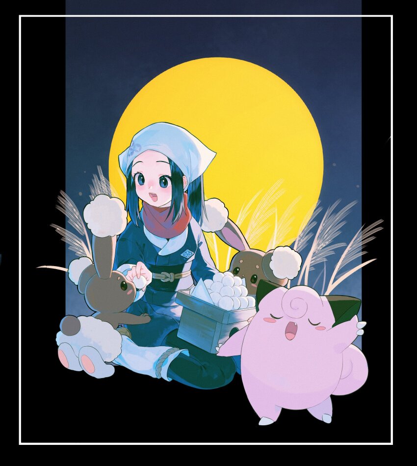1girl absurdres akari_(pokemon) black_hair clefairy closed_eyes commentary dango fang food full_moon galaxy_expedition_team_survey_corps_uniform gen_1_pokemon gen_4_pokemon headscarf highres holding lopunny mochi moon night nintendo odashi_(namiri) open_mouth pokemon pokemon_(creature) pokemon_legends:_arceus red_scarf scarf sitting susuki_grass symbol-only_commentary tsukimi tsukimi_dango u_u wagashi white_headscarf