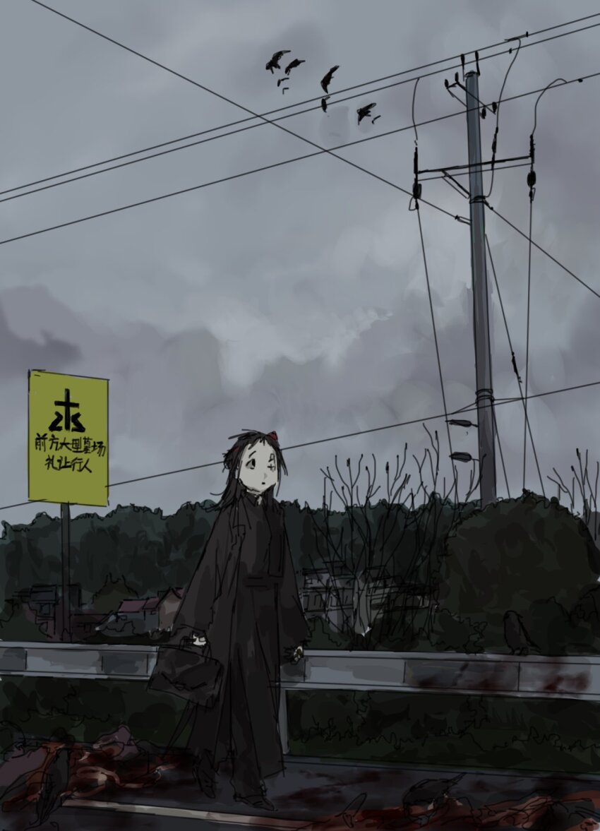 bird black_coat black_hair blood building coat grey_sky highres original outdoors pale_skin power_lines road sign simple_bird sky town utility_pole walking wuwuren