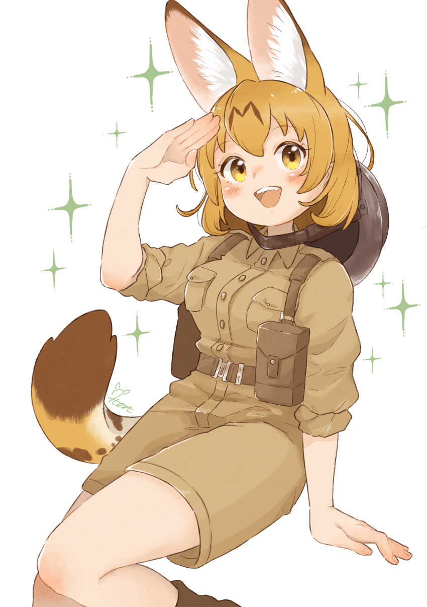 0nanaten 1girl :d absurdres alternate_costume animal_ear_fluff animal_ears belt blonde_hair breast_pocket brown_shirt brown_shorts commentary_request commission extra_ears hair_between_eyes hand_up hat highres kemono_friends light_blush open_mouth pocket pouch salute serval_(kemono_friends) shirt short_hair shorts signature simple_background skeb_commission sleeves_rolled_up smile solo sparkle tail teeth upper_teeth_only white_background yellow_eyes