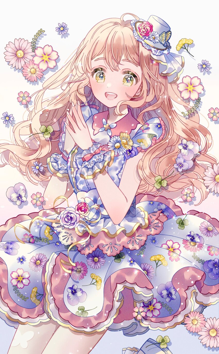 1girl absurdres blush breasts butterfly_hat_ornament clover collared_dress commentary_request dot_nose dress drop_shadow eyelashes fingernails floral_print floral_print_dress flower frilled_dress frilled_hat frilled_wrist_cuffs frills hands_up hat hat_ornament highres idol idol_clothes idolmaster idolmaster_cinderella_girls idolmaster_cinderella_girls_starlight_stage jumping layered_dress long_hair looking_at_viewer medium_breasts mini_hat multicolored_dress official_alternate_costume open_mouth own_hands_together pink_flower pink_hair pink_rose pink_trim print_dress purple_flower rose saionji_kotoka sakuraba_suzu shoes sidelocks simple_background sleeveless sleeveless_dress smile solo teeth thick_eyebrows tongue upper_teeth_only wavy_hair white_flower white_shoes wrist_cuffs yellow_eyes yellow_flower