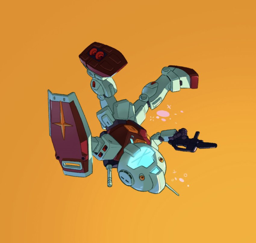 beam_rifle chibi commentary energy_gun english_commentary evan_palmer gm_ii gun gundam highres holding holding_gun holding_shield holding_weapon mecha mecha_focus no_humans orange_background robot science_fiction shield solo upside-down visor weapon zeta_gundam