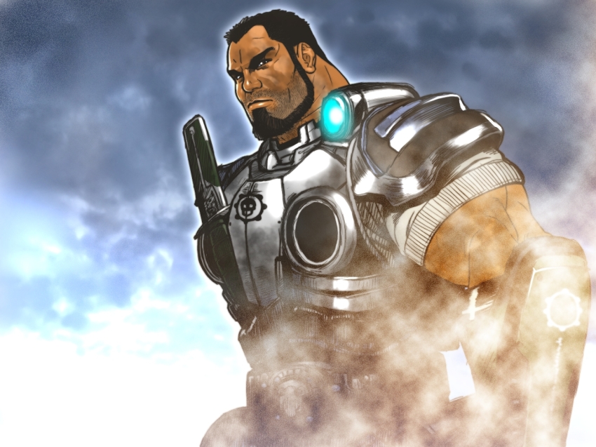 1boy armor beard beard_stubble black_hair chinstrap_beard cloud cloudy_sky connected_beard dark-skinned_male dark_skin dominic_santiago facial_hair galeoria gears_of_war looking_at_viewer male_focus muscular muscular_male power_armor serious sky stubble