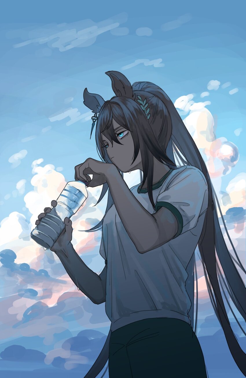 1girl animal_ears black_hair blue_eyes blue_sky bottle closed_mouth cloud dark-skinned_female dark_skin day earrings hair_between_eyes hair_ornament high_ponytail highres holding holding_bottle horse_ears horse_girl jewelry long_hair ponytail shirt short_sleeves single_earring sky solo split_ponytail symboli_kris_s_(umamusume) tensen_(dotted_line) umamusume white_shirt
