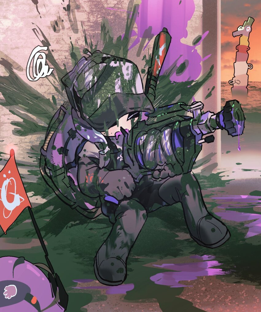 1girl 1other against_wall baseball_cap black_footwear black_gloves boots closed_eyes drooling flag gapamopa gloves gun h-3_nozzlenose_(splatoon) hat helmet highres holding holding_gun holding_weapon ink_splatter korean_commentary lifebuoy mouth_drool nintendo octoling_girl octoling_player_character outdoors purple_hair salmon_run_(splatoon) salmonid sitting splatoon_(series) splatoon_3 squiggle stinger_(splatoon) swim_ring tentacle_hair weapon