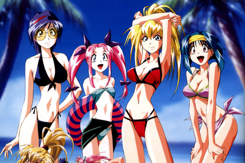 1990s_(style) 4girls armpits arms_up beach bikini blonde_hair blue_eyes blue_hair breasts burn-up burn-up_w cleavage green_hair jinguu_maya kawasaki_maki kinezono_rio lilica_evett long_hair multiple_girls navel official_art orange_eyes pink_hair ponytail purple_hair red_eyes short_hair smile sunglasses swimsuit tinted_eyewear twintails yamashita_toshinari yellow-tinted_eyewear yellow-tinted_glasses