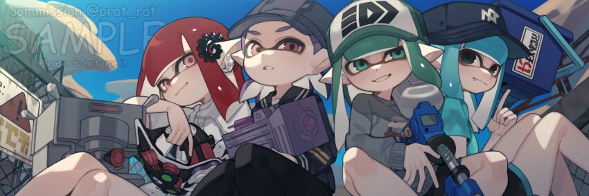 4girls baseball_cap black_pants black_shorts blue_eyes blue_hair blue_hat blue_sailor_collar blue_shirt blue_trim blunt_bangs clenched_teeth closed_mouth clothes_writing commentary commission dolphin_shorts dress_shirt e-liter_4k_(splatoon) earclip english_commentary fang fang_out film_grain green_eyes green_hair grey_sweater grin hat highres holding holding_weapon inkling inkling_(language) inkling_girl inkling_player_character long_hair long_pointy_ears medium_hair multiple_girls nintendo over_shoulder pants pink_eyes pointy_ears prat_rat print_sweater purple_hair purple_hat red_hair sailor_collar sailor_shirt shirt shorts smile splatoon_(series) splatoon_3 splattershot_jr._(splatoon) sweater teeth tentacle_hair tetra_dualies_(splatoon) tri-slosher_(splatoon) watermark weapon weapon_over_shoulder white_hat white_shirt