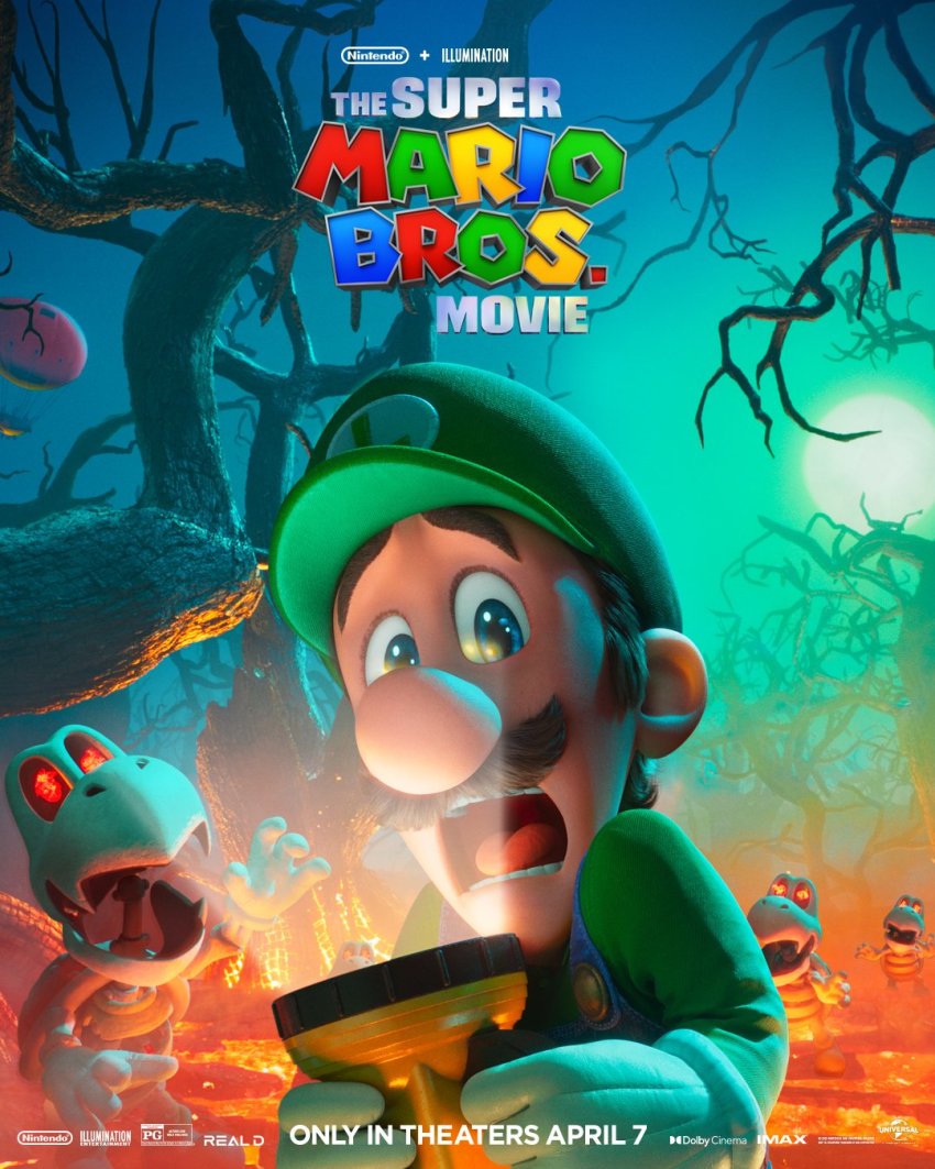 1boy 3d bare_tree blue_eyes blue_overalls brown_hair commentary copyright_name dry_bones english_commentary flashlight forest gloves green_headwear green_shirt hair_behind_ear hat highres key_visual lava looking_at_viewer luigi male_focus mario_(series) moon nature night night_sky nintendo official_art open_mouth overalls promotional_art scared shirt sky solo_focus the_super_mario_bros._movie tongue tree white_gloves
