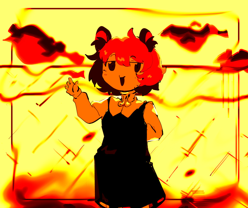 1girl absurdres animal_ears arm_behind_back chain-link_fence commentary_request cookie_(touhou) cowboy_shot dress fence highres ishizaki_(ishizaki100) long_sleeves looking_at_viewer monochrome mouse_ears mouse_girl nazrin nyon_(cookie) open_mouth orange_theme pinafore_dress short_hair sleeveless sleeveless_dress smile solo touhou waving