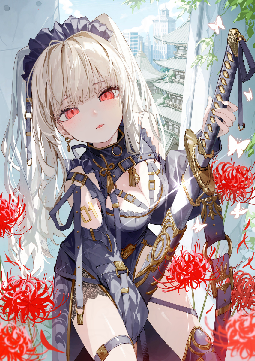 1girl absurdres architecture between_thighs black_dress black_hairband black_thighhighs blonde_hair blue_sky blunt_bangs blush breasts bug building butterfly chest_harness cleavage cloud commentary_request day detached_sleeves dress earrings east_asian_architecture flower frilled_dress frilled_hairband frills glint glowing_butterfly gold_trim hairband hand_on_hilt hand_up harness highres holding holding_sword holding_weapon insect jewelry katana lace_trim long_hair long_sleeves looking_at_viewer medium_breasts negimapurinn number_tattoo open_mouth original outdoors red_eyes red_flower sheath sitting sky solo spider_lily sword tassel tassel_earrings tattoo thigh_strap thighhighs thighs twintails unsheathing very_long_hair weapon