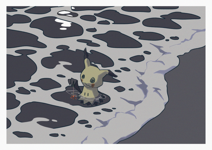 absurdres black_eyes border commentary gen_7_pokemon highres holding mimikyu nintendo no_humans outdoors pokemon pokemon_(creature) saiku_(zvlku) sand shore solid_oval_eyes solo standing wading water white_border