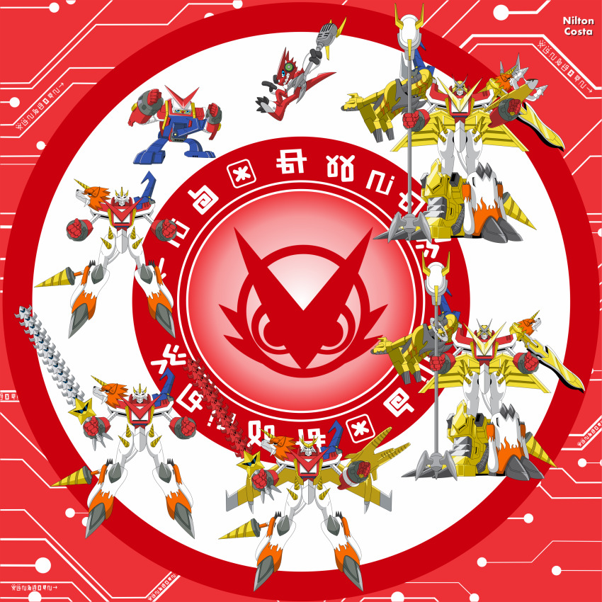 digimon digimon_(creature) digimon_xros_wars drill energy_gun evolutionary_line fusion highres horns kamina_shades looking_at_viewer microphone ray_gun robot shoutmon shoutmon_x2 shoutmon_x3 shoutmon_x4 shoutmon_x5 shoutmon_x6 shoutmon_x7 spikes star_(symbol) sword tail weapon wings zeniltonjrart